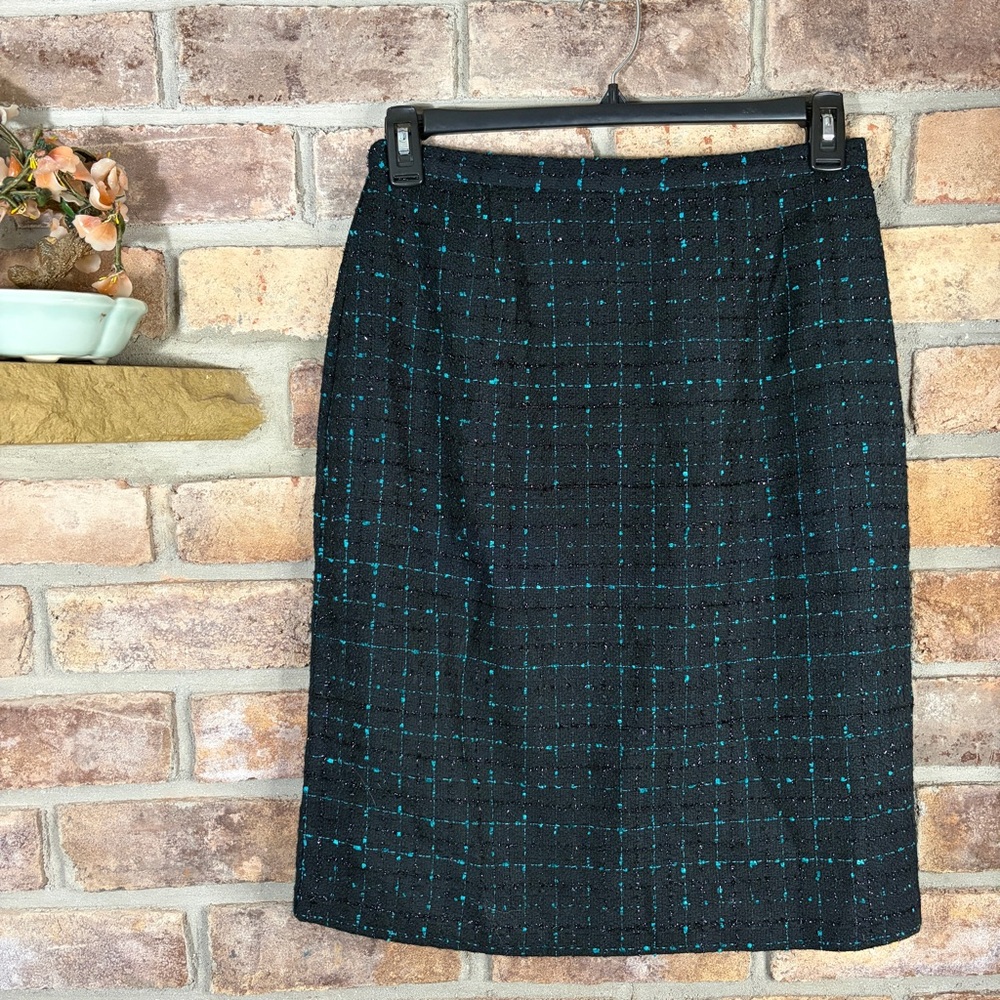 CHADWICK’S Vintage Woven Tweed Black & Teal Blazer and Skirt Set - Picture 9 of 16